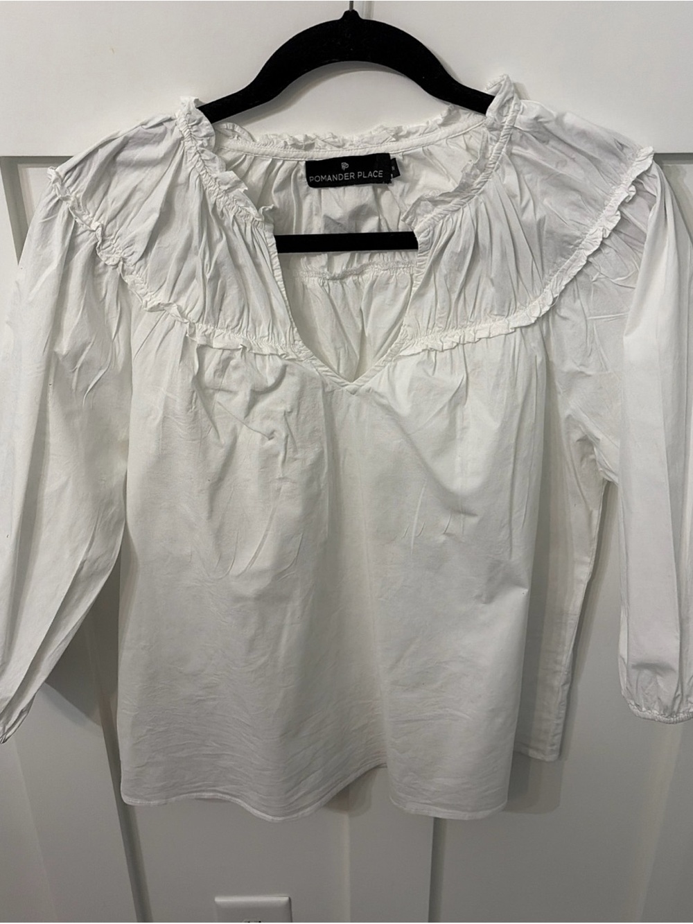 Pomander Place White Ruffled Peasant Blouse